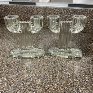 2 ANCHOR HOCKING‎ QUEEN MARY CACTUS DOUBLE CANDLE HOLDERS VINTAGE PRESSED